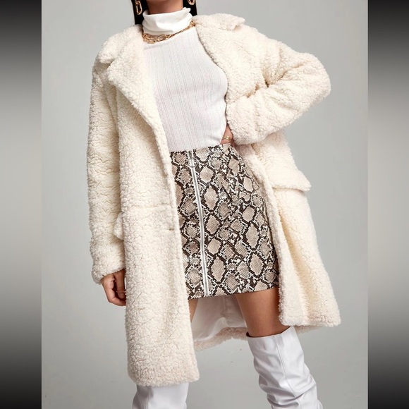 Size L Ivory BOHO lapel collar button front faux pockets lined plush Teddy coat - Picture 5 of 16